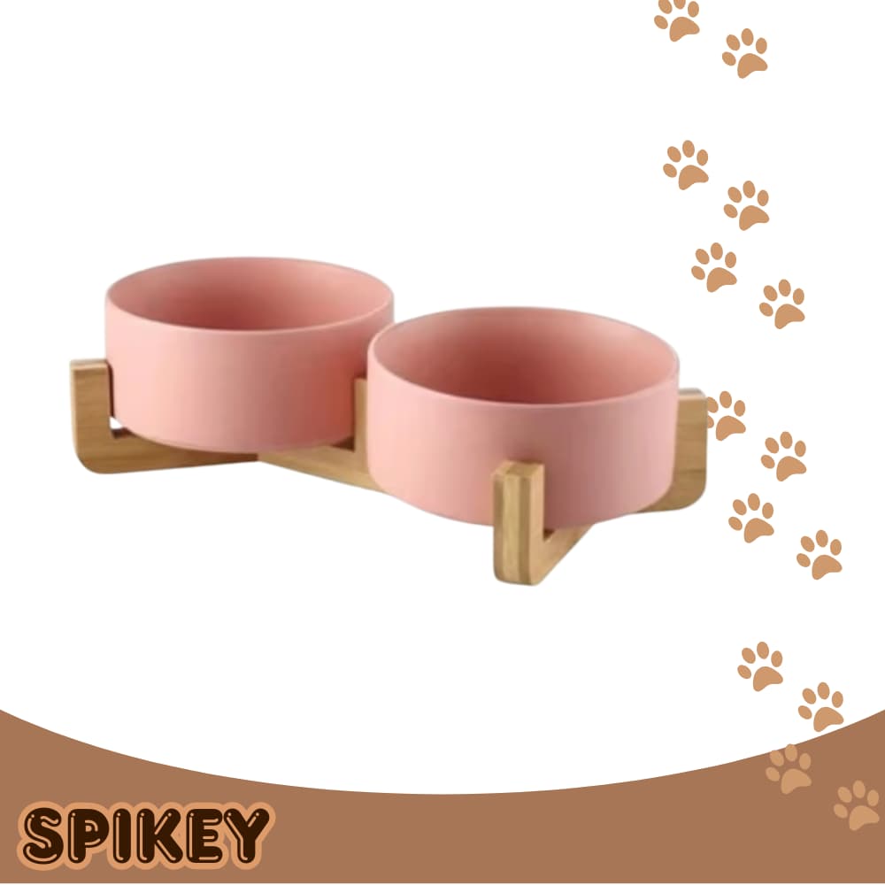 POPETS פופטס סט קערות חרסינה עם מעמד עץ בצבע ורוד