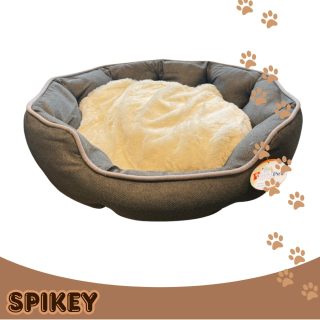 R FOR PET מיטת בד עגולה בצבע אפור וכרית פרווה לבנה